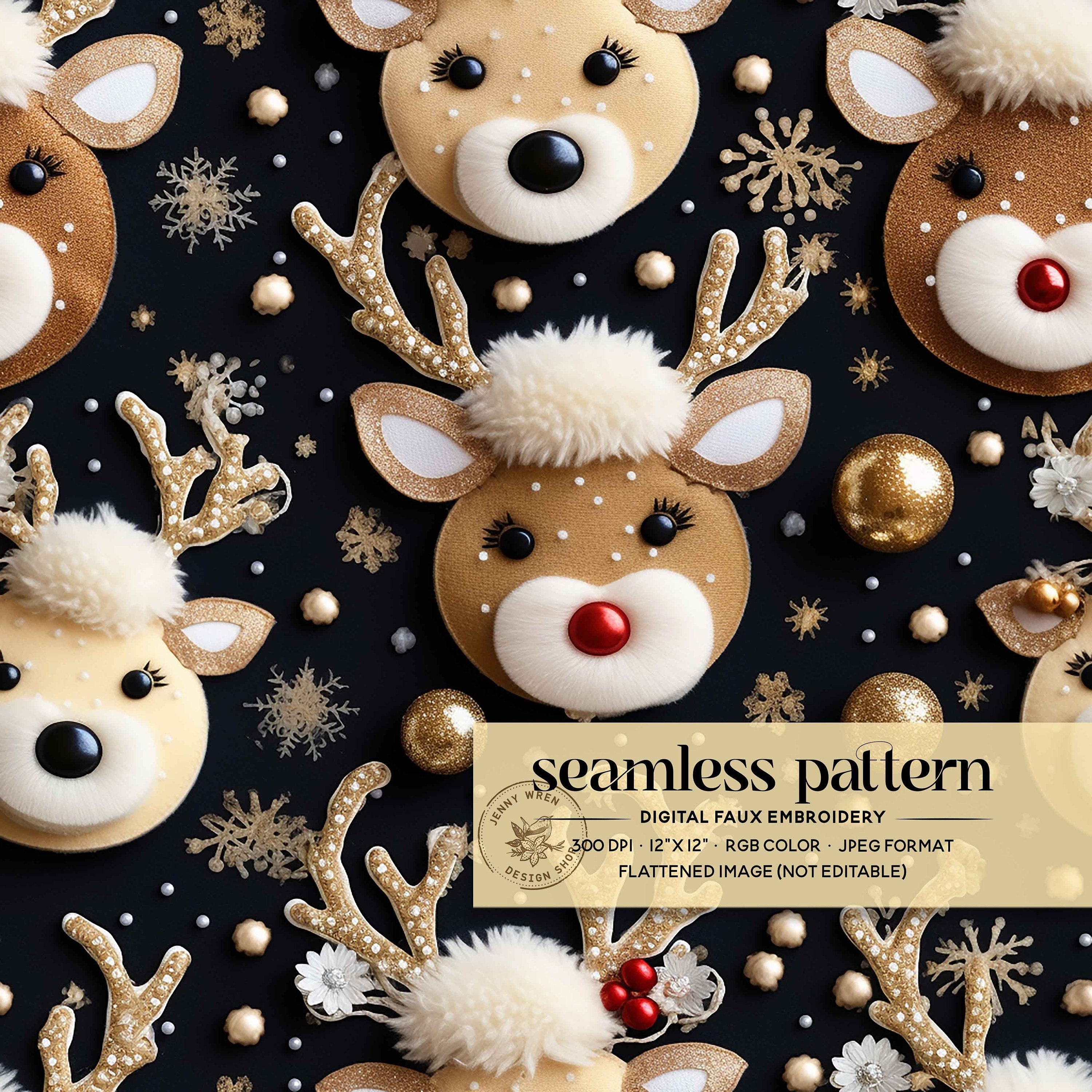 Christmas Reindeer Faux Embroidery Seamless File, Cute Reindeer ...