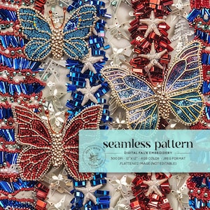 Modello senza cuciture con farfalle glitterate del 4 luglio, carta digitale con farfalle rosse, bianche e blu per stampa su tessuto, file ripetuto con stelle patriottiche