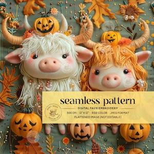 3D Spooky Halloween Highland Cow Seamless Pattern, Cute Highland Cow and Pumpkin Faux Embroidery Seamless, Fall Farm Animals Repeat Pattern