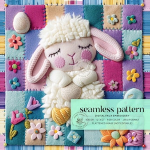 Pode incluir: Um padrão de bordado digital que apresenta um cordeiro branco com os olhos fechados, rodeado de flores e corações coloridos sobre um fundo de patchwork. O padrão mede 30,5 cm por 30,5 cm e está em formato JPEG.