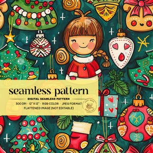 Cute Retro Christmas Ornaments Seamless Pattern, Green and Red Winter Holiday Digital Paper for Fabric Sublimation, Christmas Trees Seamless