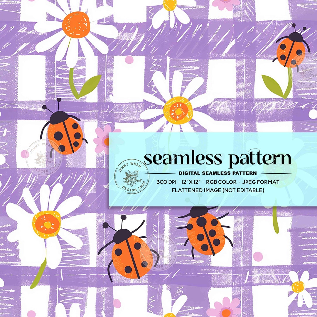 Lady Bug Floral Daisy Digital Seamless Pattern, Retro Spring Floral ...