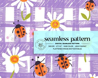 Lady Bug Floral Daisy Digital Seamless Pattern, Retro Spring Floral ...