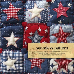 May include: A seamless pattern digital embroidery design featuring a patchwork of red, white and blue stars on a variety of fabrics, including gingham, polka dots and denim. The design is 12 inches by 12 inches and 300 DPI.