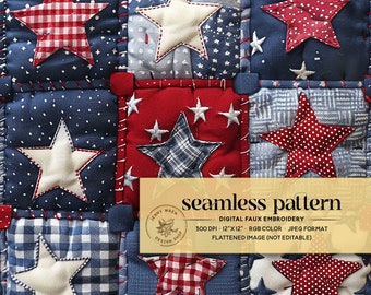3D 4th of July Stars Patchwork Seamless File, Patriotic Patchwork Quilt Seamless Pattern, Red White Blue Repeating File for Fabric Printing