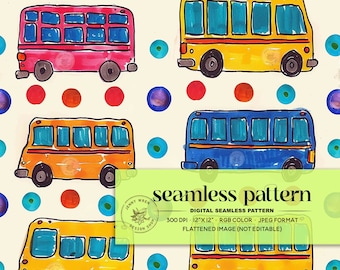 Retro Colorful School Bus Seamless Pattern, Back to School Yellow Bus Digital Paper, Boy Surface Pattern, Boy Repeat Pattern for Sublimation