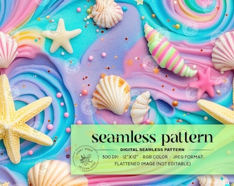 Pastel Rainbow Seashells Seamless Pattern: Summer Beach Digital Paper (JPEG)