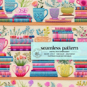 Bright Floral Books Faux Embroidery Seamless Pattern, Book Lover Seamless, 3D Colorful Floral Bookshelf Digital Paper, Bookworm Seamless