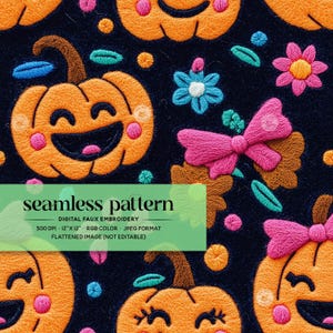 Cute Happy Pumpkins Seamless Pattern, Coquette Fall Pumpkins and Daisies Embroidery File, Girly Fall Pumpkins and Pink Bows Surface Design