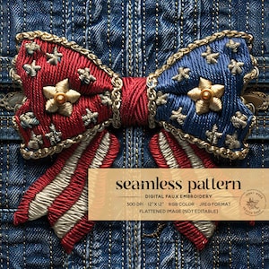 3D 4th of July Red White Blue Bow Seamless Pattern, Faux Denim Seamless Digital Paper for Fabric Printing, Repeating File for Fabric Design