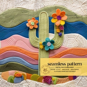 May include: A digital embroidery design featuring a green cactus with colourful flowers. The design is seamless and can be used to create a repeating pattern. The design is 12 inches by 12 inches and is 300 DPI.