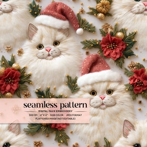 Digitalt papper för vintage-tomtekatter, sömlös fil för vintage-julkatter, fluffiga söta katter sömlösa, sömlös julblomma