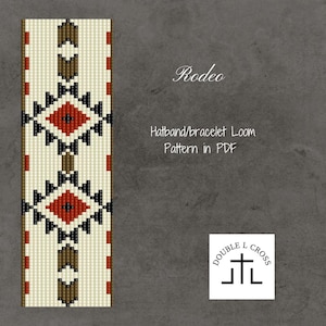 May include: A digital pattern for a beaded hatband or bracelet with a geometric design in red, black, brown, and white. The pattern is called "Rodeo" and is available as a PDF download from Double L Gross.