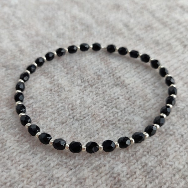 VIOLA Bracelet - Delicate black and silver bead stacking stretch bracelet