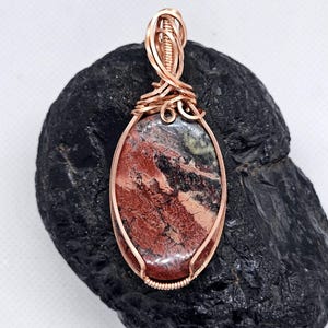 red poppy jasper wire wrapped copper pendant necklace