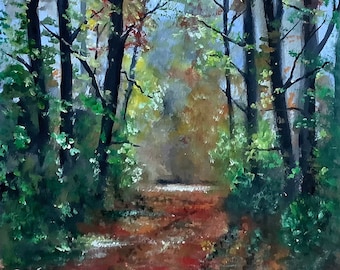 Autumn landscape original watercolour painting falling leaves woodland path