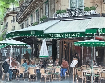 Original watercolour painting Paris cafes cityscape crowded city scene A Paris Morning at Les Deux Magots”