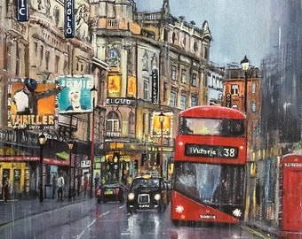 May include: A painting of a rainy London street scene with red double-decker bus, black taxis, and buildings with theater marquees. The bus says "Victoria 38" on the front.
