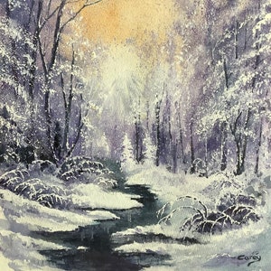 Winter scene snow landscape original watercolour painting snow sunset