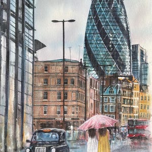 Original watercolour painting sunshine and rain London city scene with the iconic gherkin skyscraper