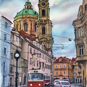 Praag, Sint-Niklaaskerk, Tsjechisch Originele aquarelschildering wolken boten en zee CareyDarrenArt