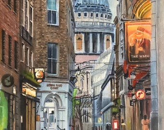 オリジナル水彩画「セント・ポール大聖堂 雨の夕景」