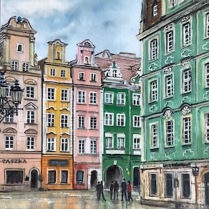 May include: A watercolor painting of a European city square with colorful buildings. The buildings are painted in shades of yellow, pink, and green. There are people walking in the square, and the ground is wet from rain.