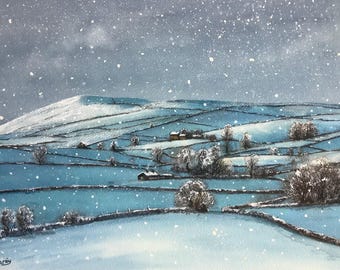 雪の中で遊ぶ冬の風景、オリジナルの水彩画、子供の冬の雪だるま