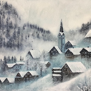 Original Watercolor Painting: Austrian Winter Village Landscape
