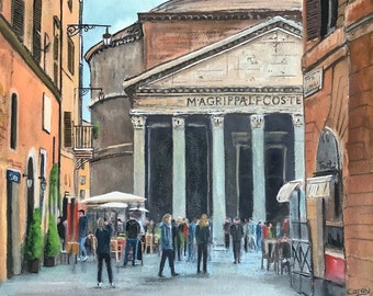 Puede incluir: Una pintura de acuarela del Panteón en Roma, Italia. El edificio es una gran estructura circular con una cúpula y columnas. Hay personas caminando frente al edificio, y una calle con edificios a cada lado.