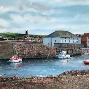 Scottish coast The old harbour at Dunbar Scotland original watercolour painting seaside watercolour by careydarrenart