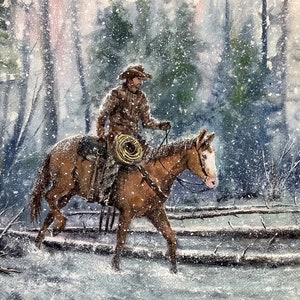 Cowboy Attraverso il ghiaccio e la neve dipinto ad acquerello originale paesaggio cavallo e alberi