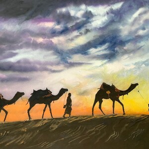 Scena nel deserto. Cammelli al tramonto. Dipinto originale ad acquerello. Sabbie mobili.