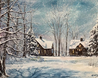 冬の風景 オリジナル水彩画 冬の水彩画 雪景色 木々 凍った川 - Etsy 日本