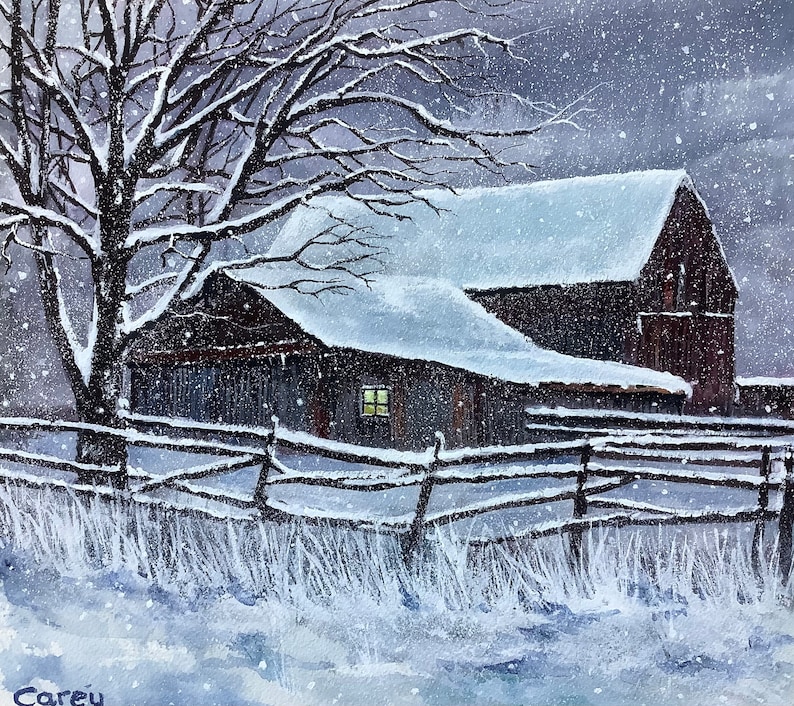 Winter Scene Shelter Original Watercolour Painting Old Barn Snow Scene ...