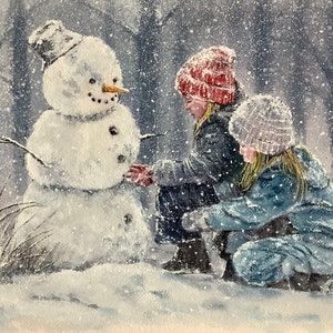 Scena invernale che gioca nella neve dipinto originale acquerello bambini inverno pupazzo di neve