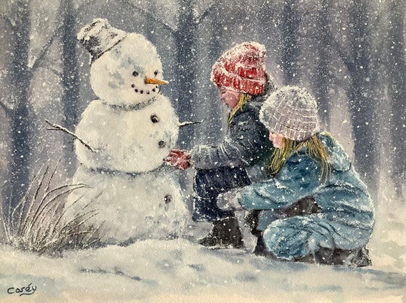 雪の中で遊ぶ冬の風景、オリジナルの水彩画、子供の冬の雪だるま