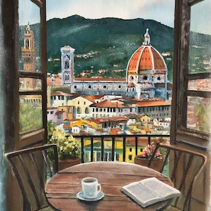 Original painting Through My Eyes, Florence city Italy in watercolour with flower pots