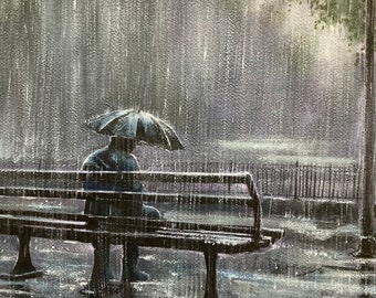 雨の夜、孤独な男の影 オリジナル水彩画 夜景 - Etsy 日本