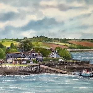 Original watercolour painting Cremyll, Cornwall seascape boats clouds waves