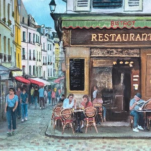 Dipinto ad acquerello originale Parigi Cafe Francia scena di un vecchio ristorante opera d'arte originale