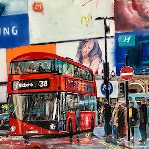 London scene Piccadilly Circus original watercolour painting city Red bus scene