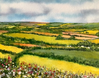 Exmoor Countryside Watercolor Painting: Devon, England Landscape