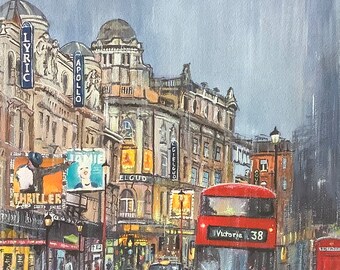 ロンドンの絵画 ウエストエンド劇場 街並み 水彩画 オリジナル絵画