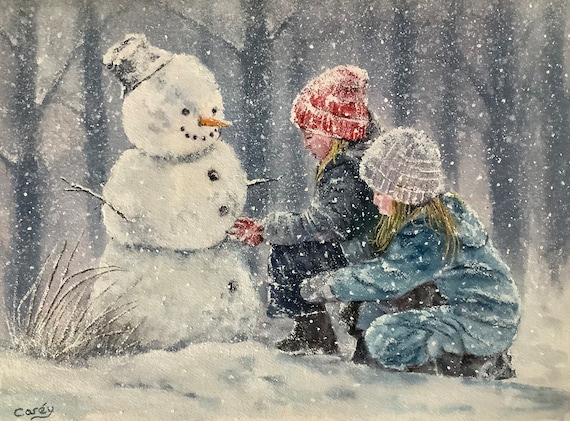 雪の中で遊ぶ冬の風景、オリジナルの水彩画、子供の冬の雪だるま