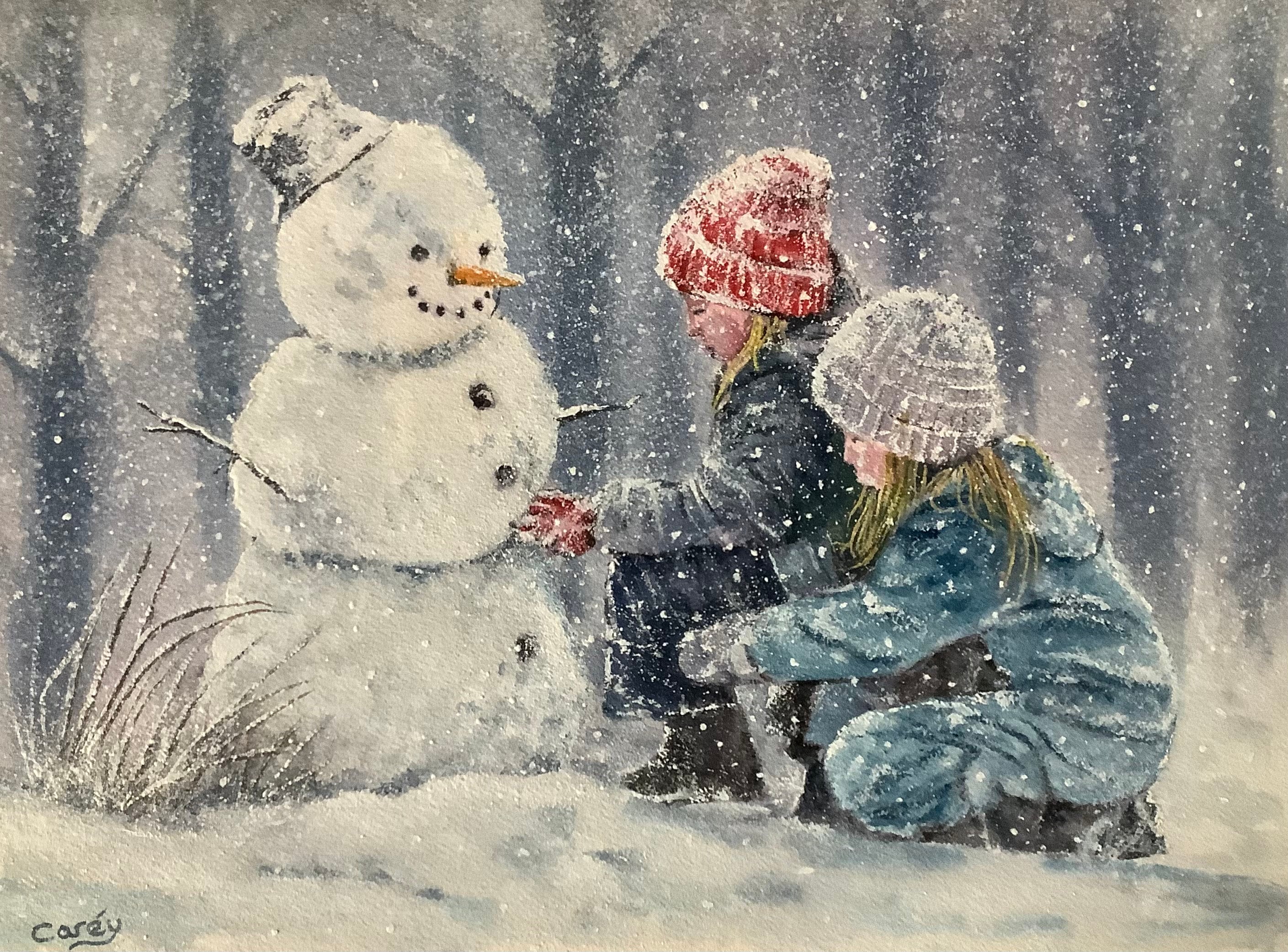雪の中で遊ぶ冬の風景、オリジナルの水彩画、子供の冬の雪だるま