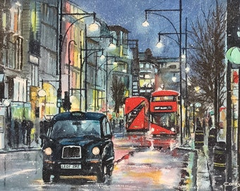 London winter scene, original watercolour painting London city Red bus black cab