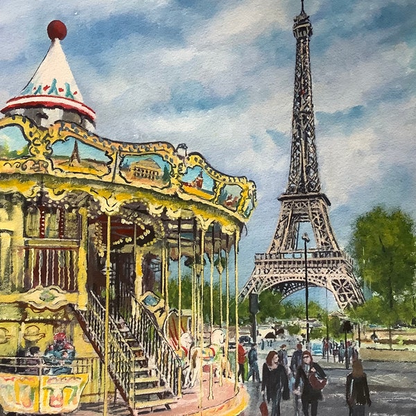 Paris, Carousel, Eiffel Tower Original watercolour
