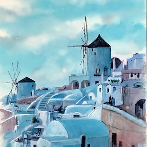 Santorini, Acquerello originale, Paesaggi urbani della Grecia, Mulini a vento ad acquerello