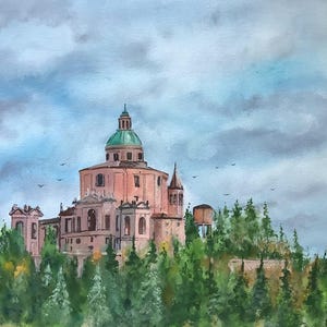 Origineel aquarelschilderij Italië, schilderij San Luca-kerk, stadsgezichten van Bologna, Italië
